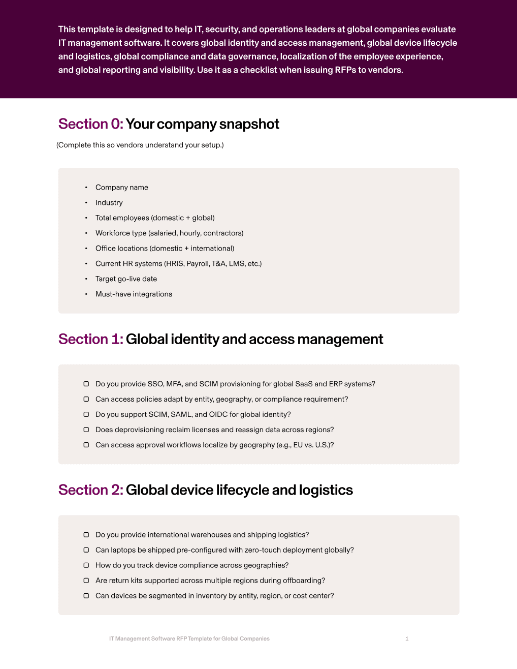 IT management RFP checklist page for global companies