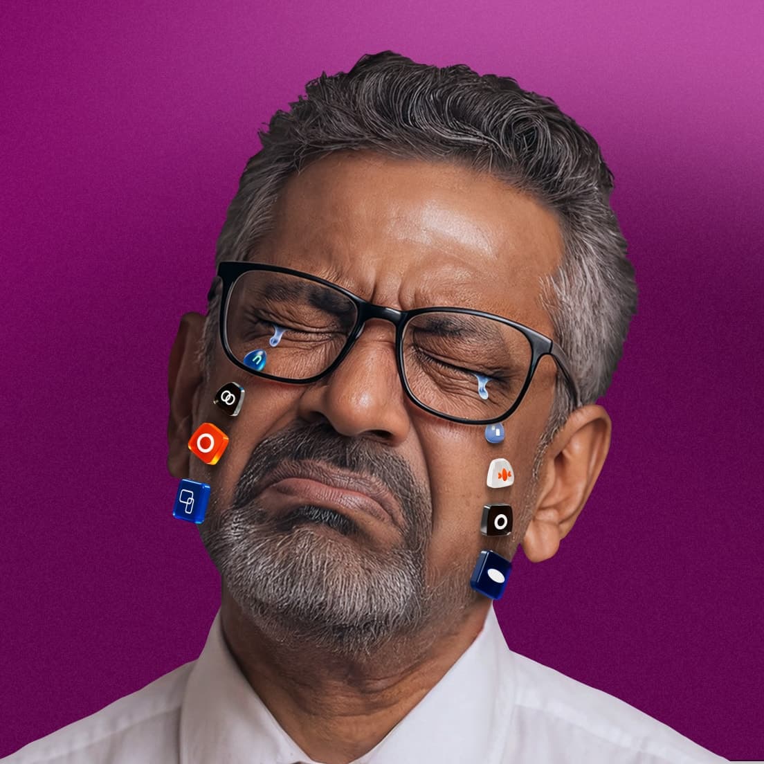Sad person with glasses and colorful app icons falling like tears