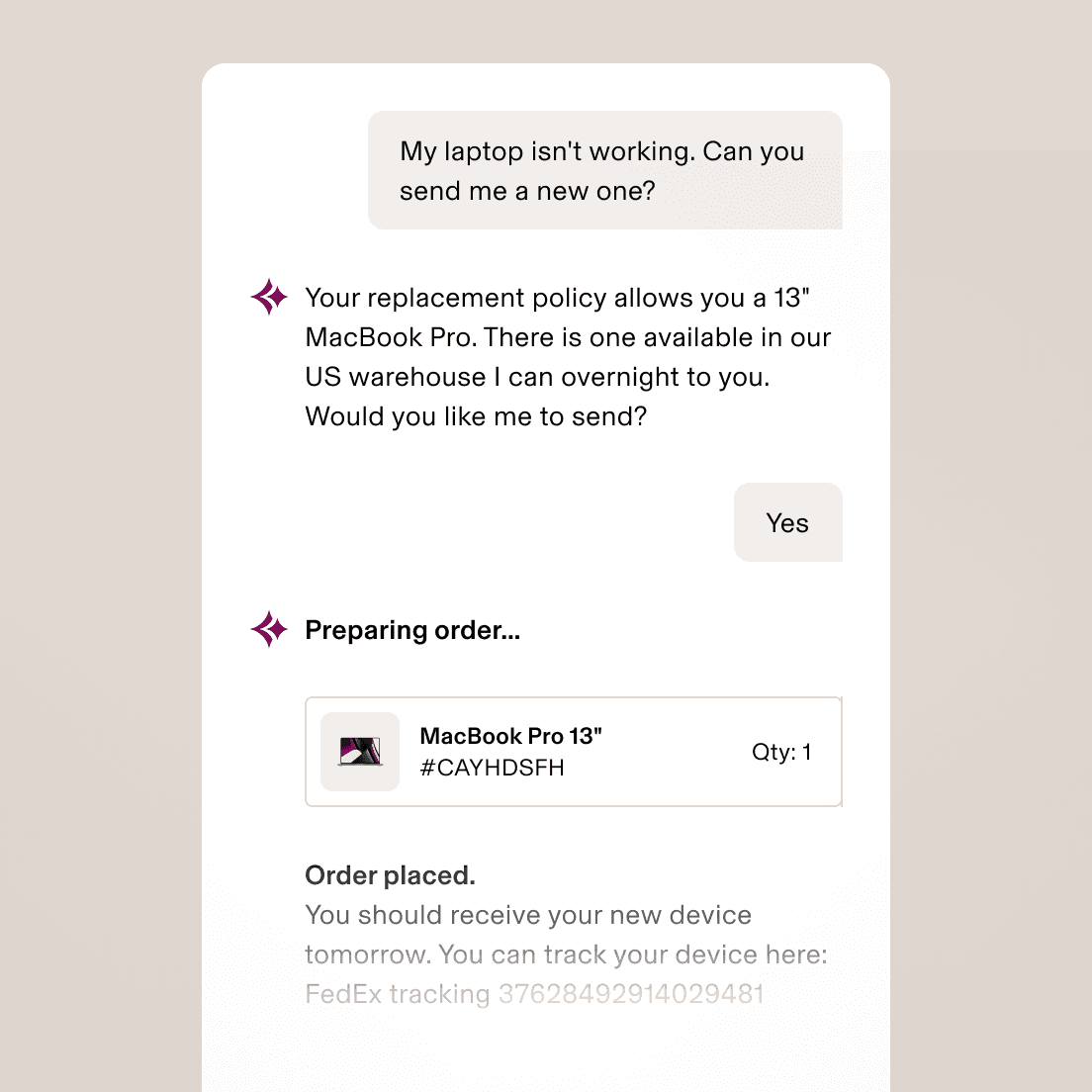 AI chat interface showing a laptop replacement request, with an AI ordering a MacBook Pro 13" and providing FedEx tracking.