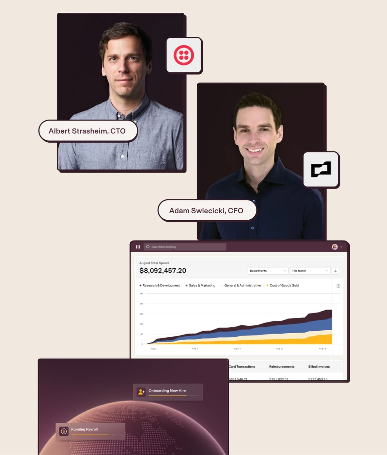 Two people portraits above a finance dashboard and purple globe graphic