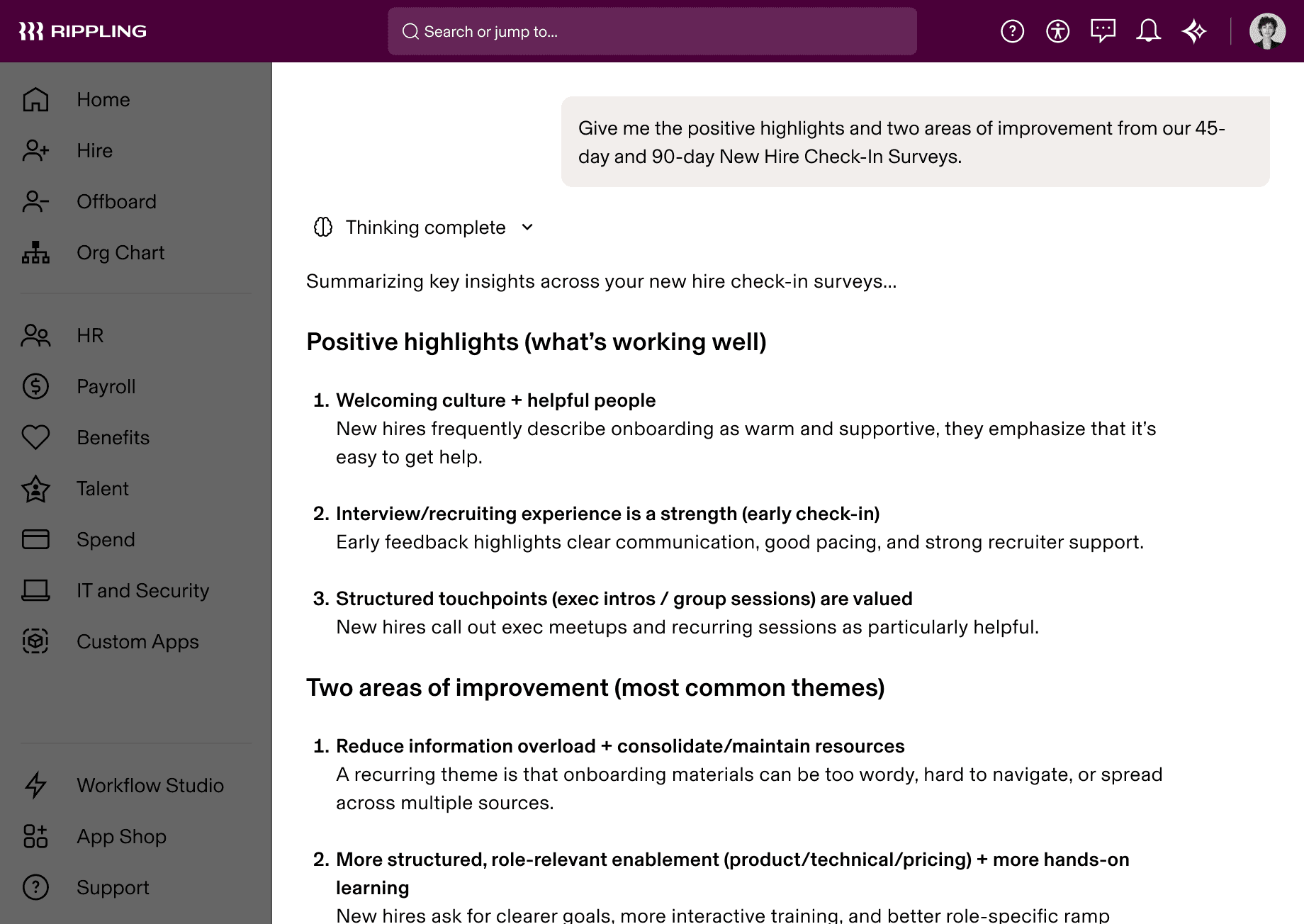 Rippling platform AI response summarizing new hire survey highlights and improvement areas, with HR navigation menu on the left.
