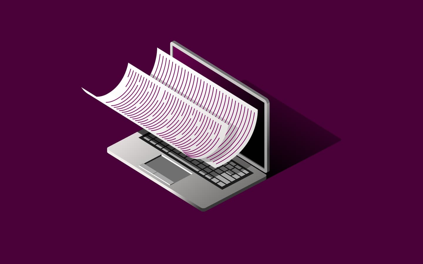 Laptop with sheets of text flowing out of the screen.