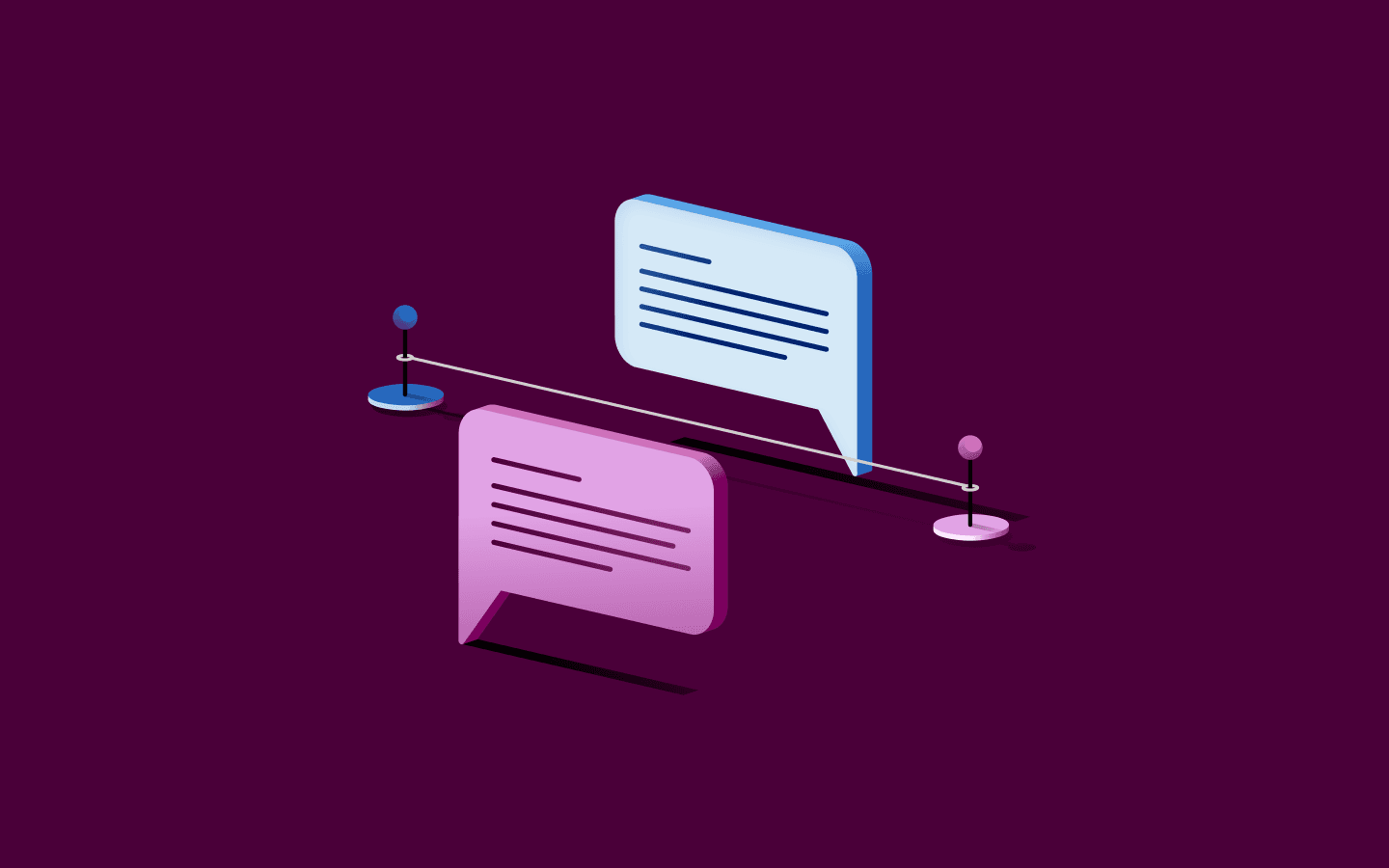Stylized 3D illustration of blue and pink chat bubbles connected by a timeline on a purple background.