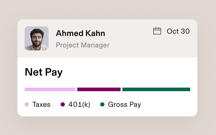 A payroll dashboard showing Net Pay breakdown with color-coded bars for Taxes, 401(k), and Gross Pay dated October 30.