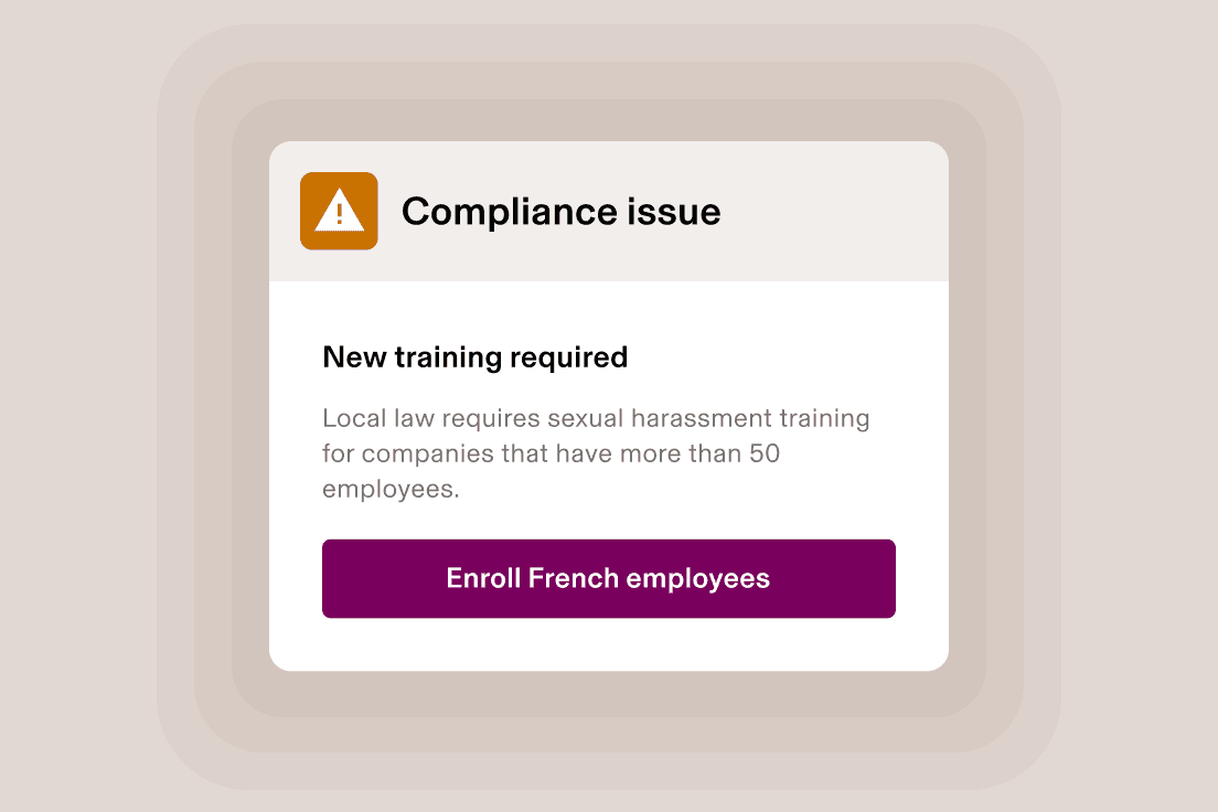 Compliance alert notification about required sexual harassment training for French employees with enrollment button.