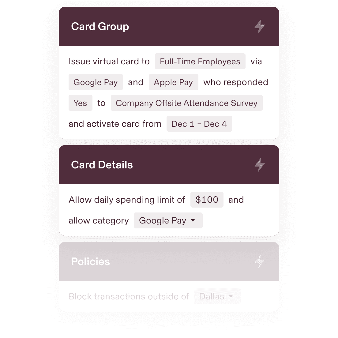 Corporate card group details with rules for full-time employees
