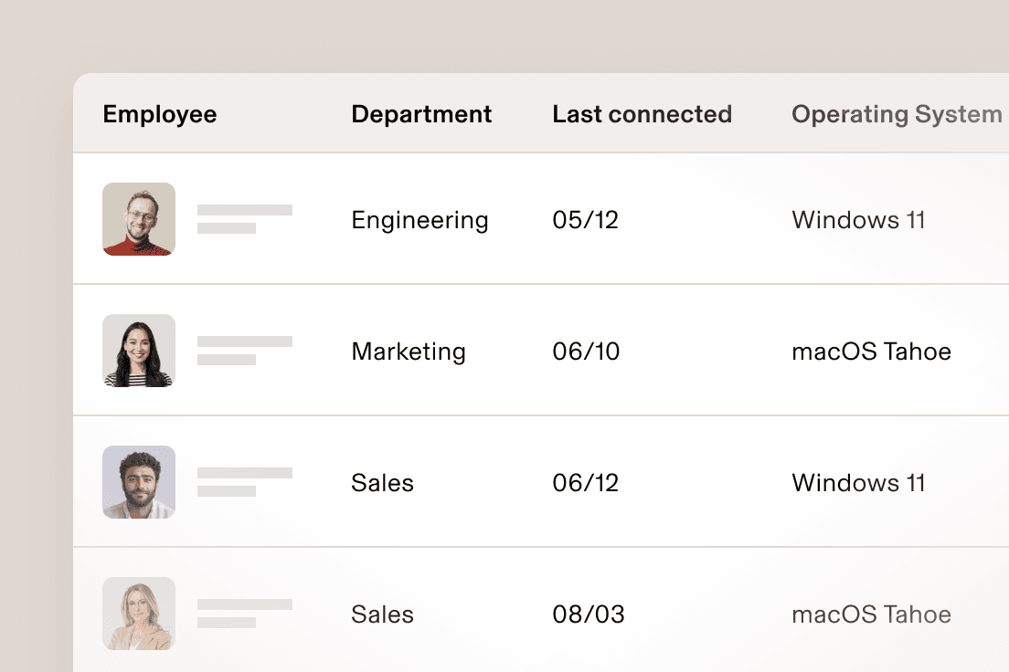 Employee database table showing three staff members from Engineering, Marketing, and Sales departments with connection dates and OS info.