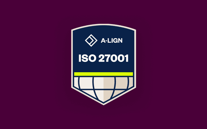 A-LIGN ISO 27001 certification badge with shield design on dark purple background.