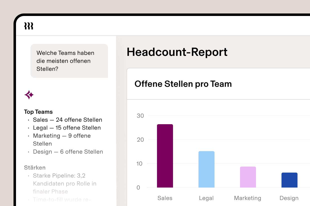 A headcount report dashboard showing open roles by team in a bar chart, with Sales leading at 24 open roles.