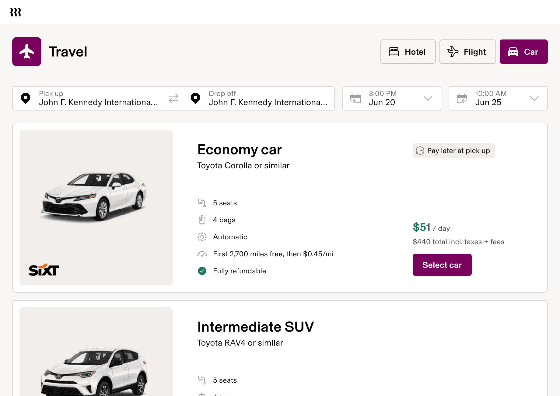 Screen in Rippling Travel showing a list of cars available to rent