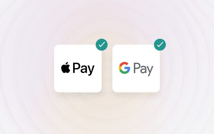 Apple Pay and Google Pay logos with green checkmarks, displayed on white cards against a light background.