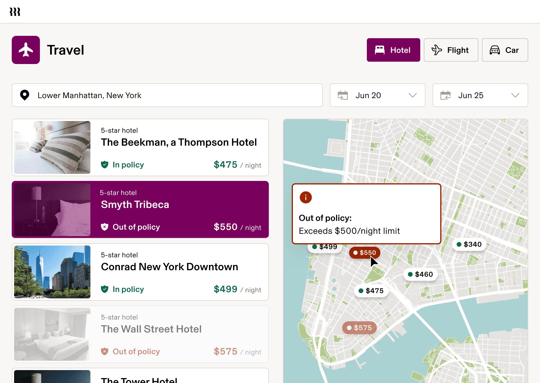 A screen in Rippling Travel displaying a list of hotels and a map of their locations
