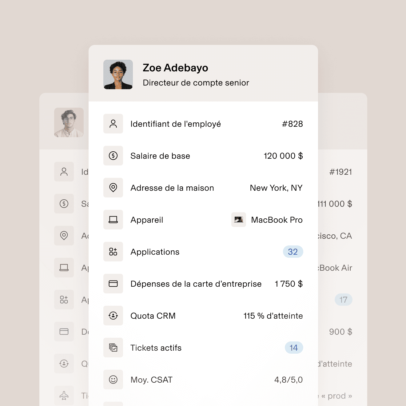 Photo d’employé avec une liste de données d’affaires, dont l’identifiant d’employé, le salaire de base, l’appareil attribué, les billets actifs et le score CSAT moyen