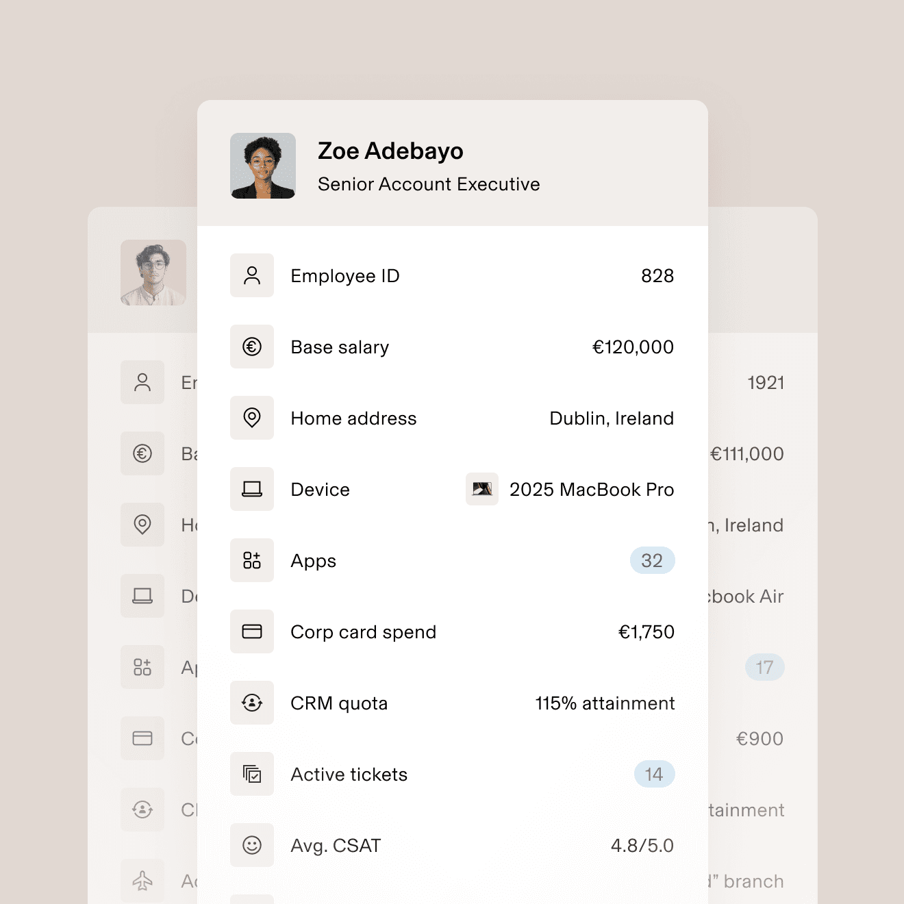 Employee photo with a list of business data including employee ID, base salary, assigned device, active tickets, and average CSAT score