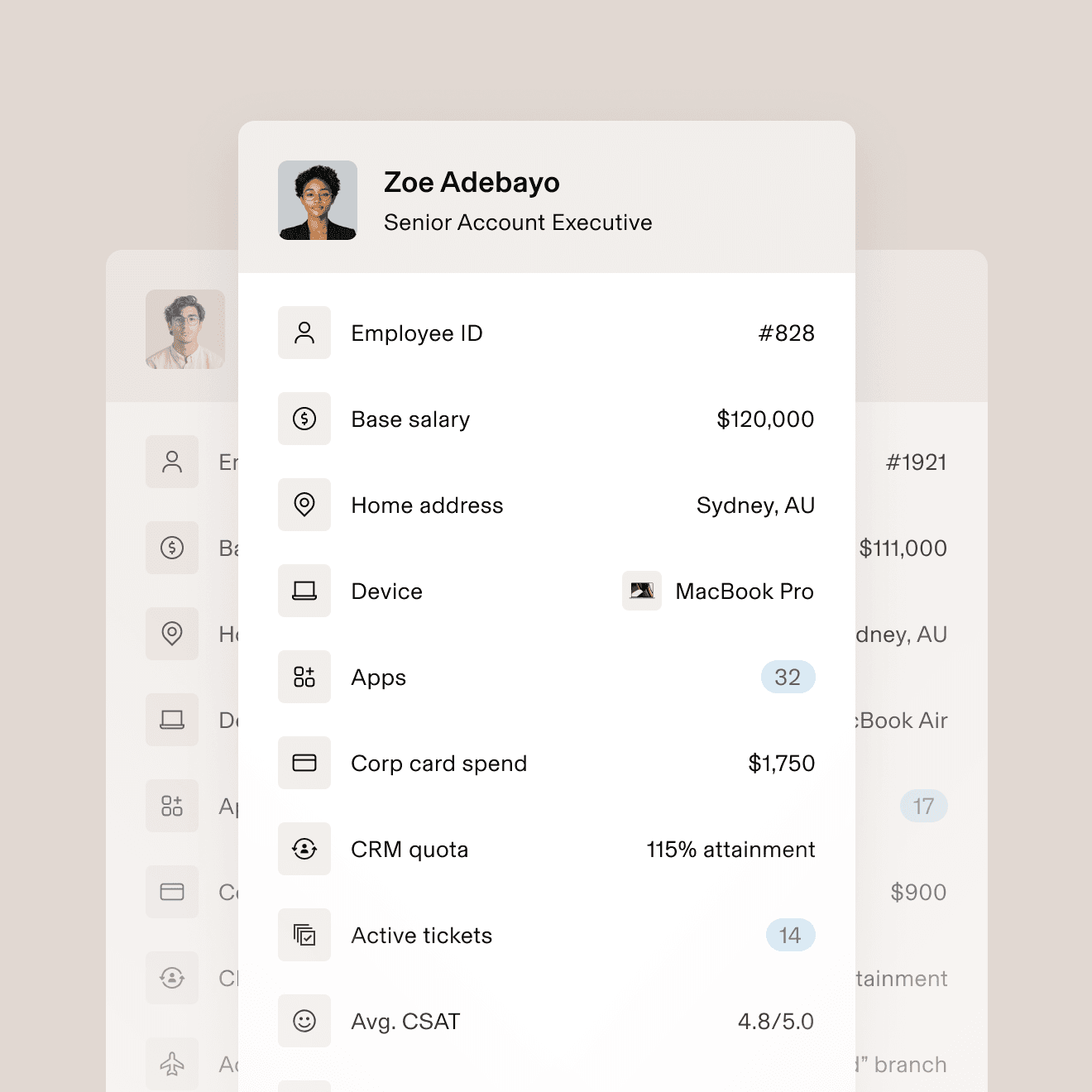 Employee photo with a list of business data including employee ID, base salary, assigned device, active tickets, and average CSAT score