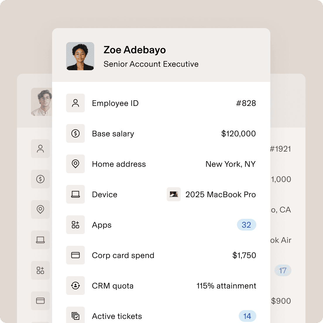 Employee photo with a list of business data including employee ID, base salary, assigned device, active tickets, and average CSAT score
