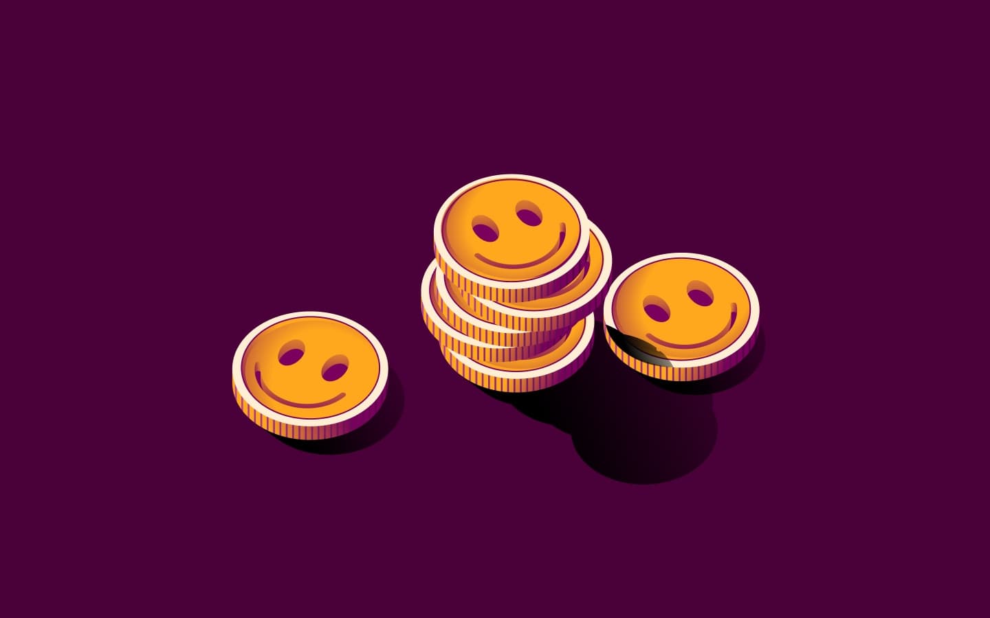 Stacks of gold coins embossed with smiling faces on a dark purple background.