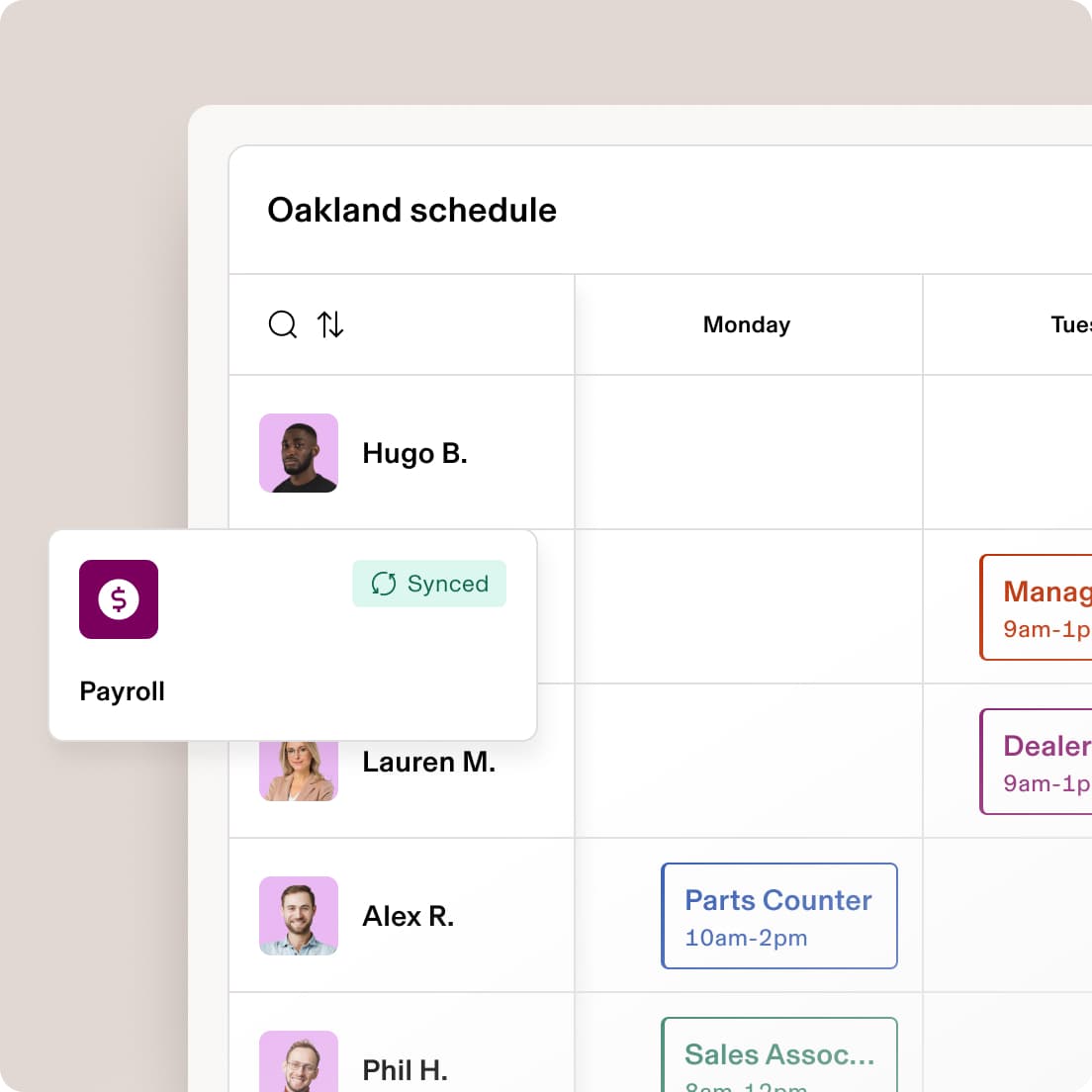 Oakland schedule beside a “Payroll synced” card.