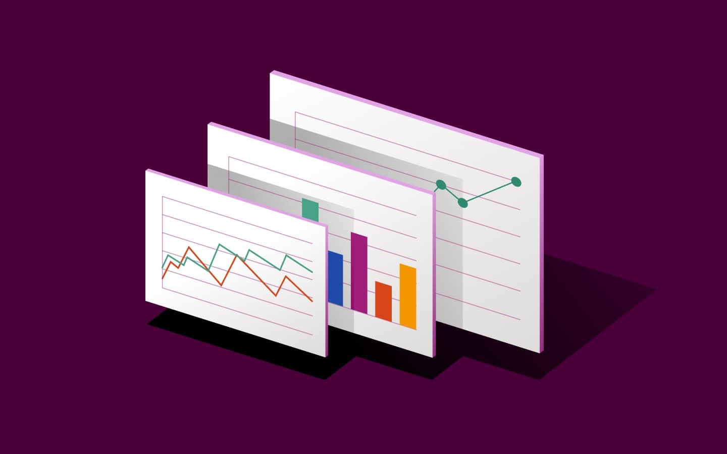 Three overlapping chart panels showing line and bar graphs on dark purple.