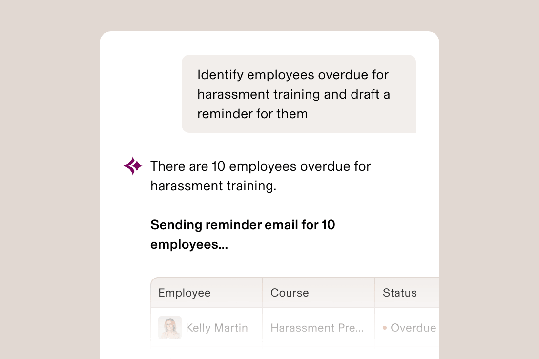 AI chat interface identifying 10 employees overdue for harassment training and sending reminder emails, with a status table shown.