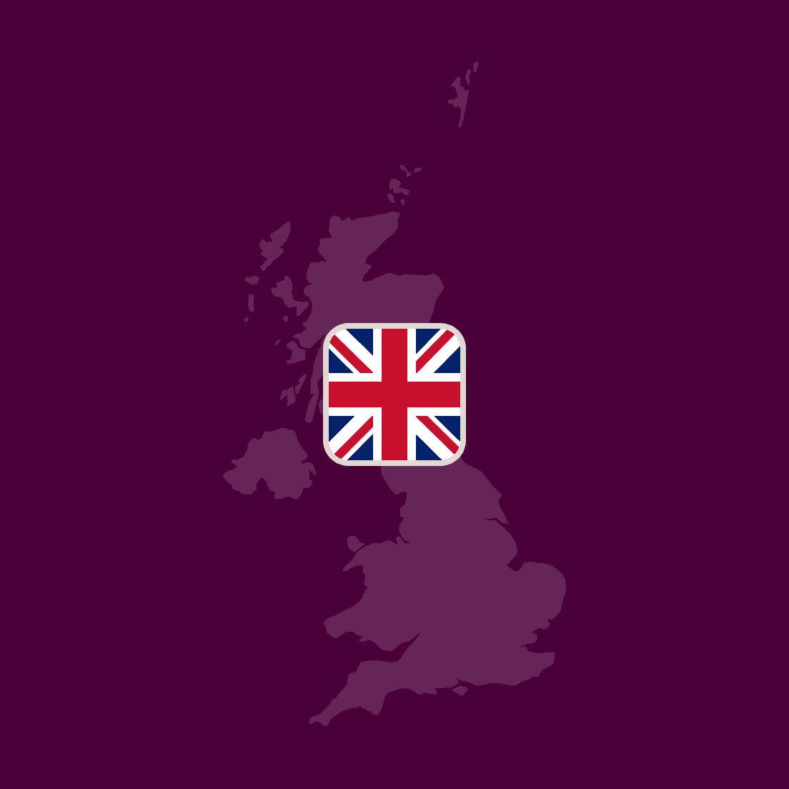 Dark purple map of the United Kingdom with its flag centered.