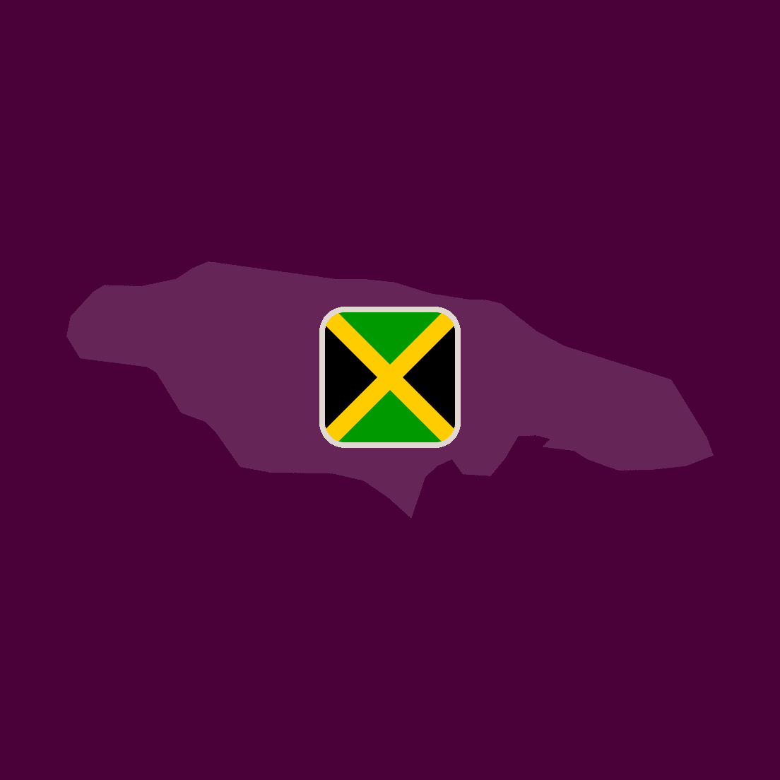 Silhouette map of Jamaica with its flag centered on a dark purple background.