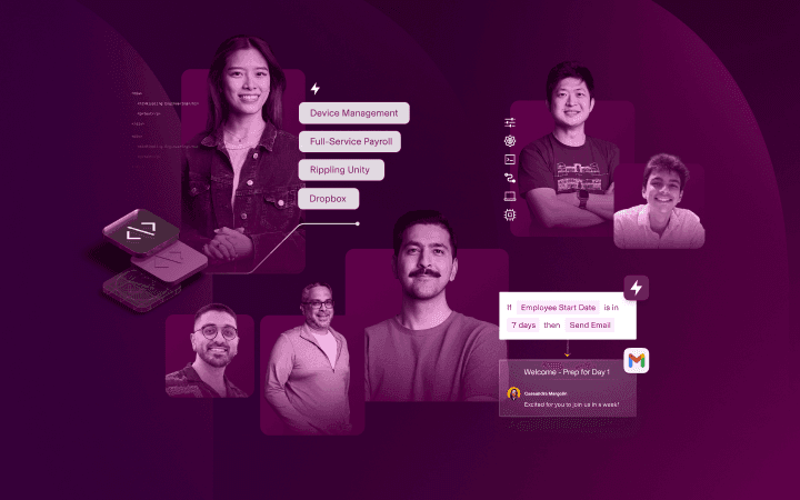 Purple collage of employees, app icons, and workflow cards.