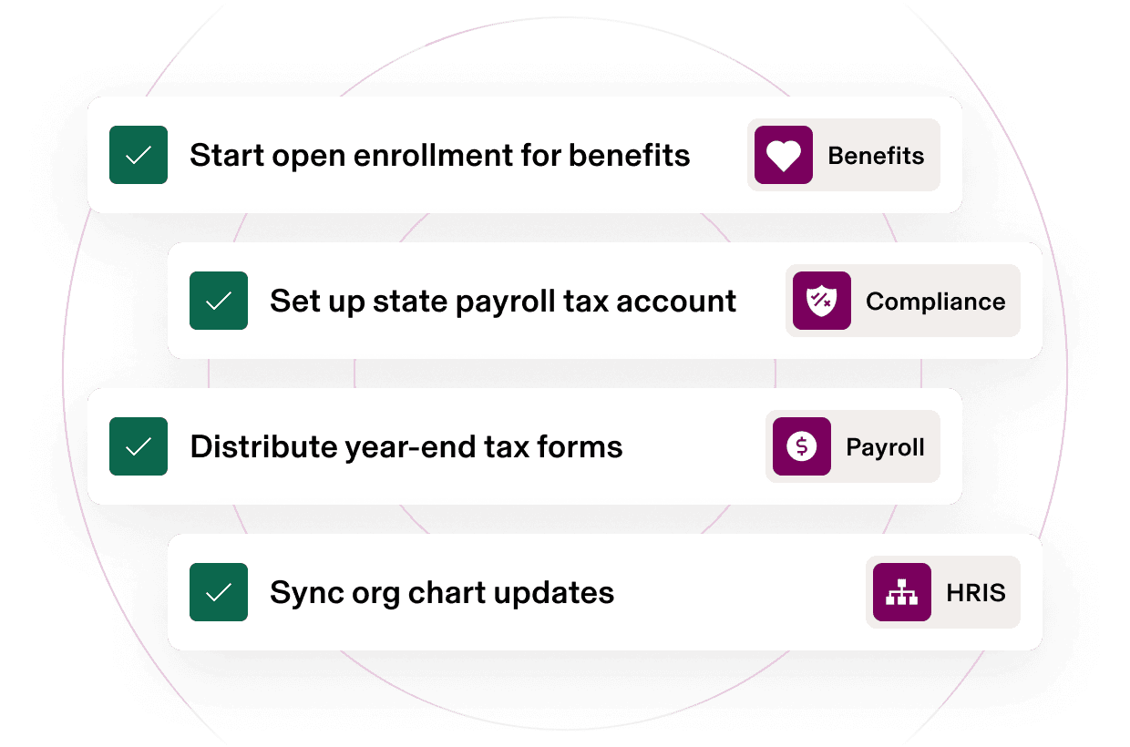 HR task management interface showing completed items: benefits enrollment, payroll tax setup, tax forms, and org chart updates.