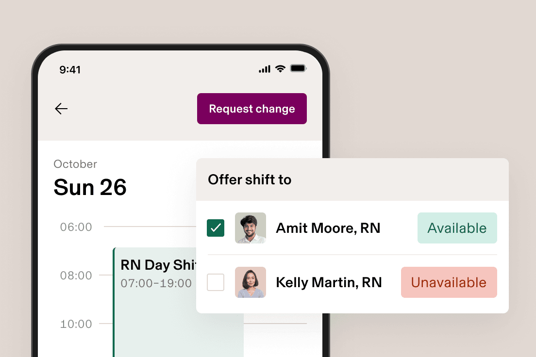 Mobile shift schedule with a panel offering a shift to an available nurse.