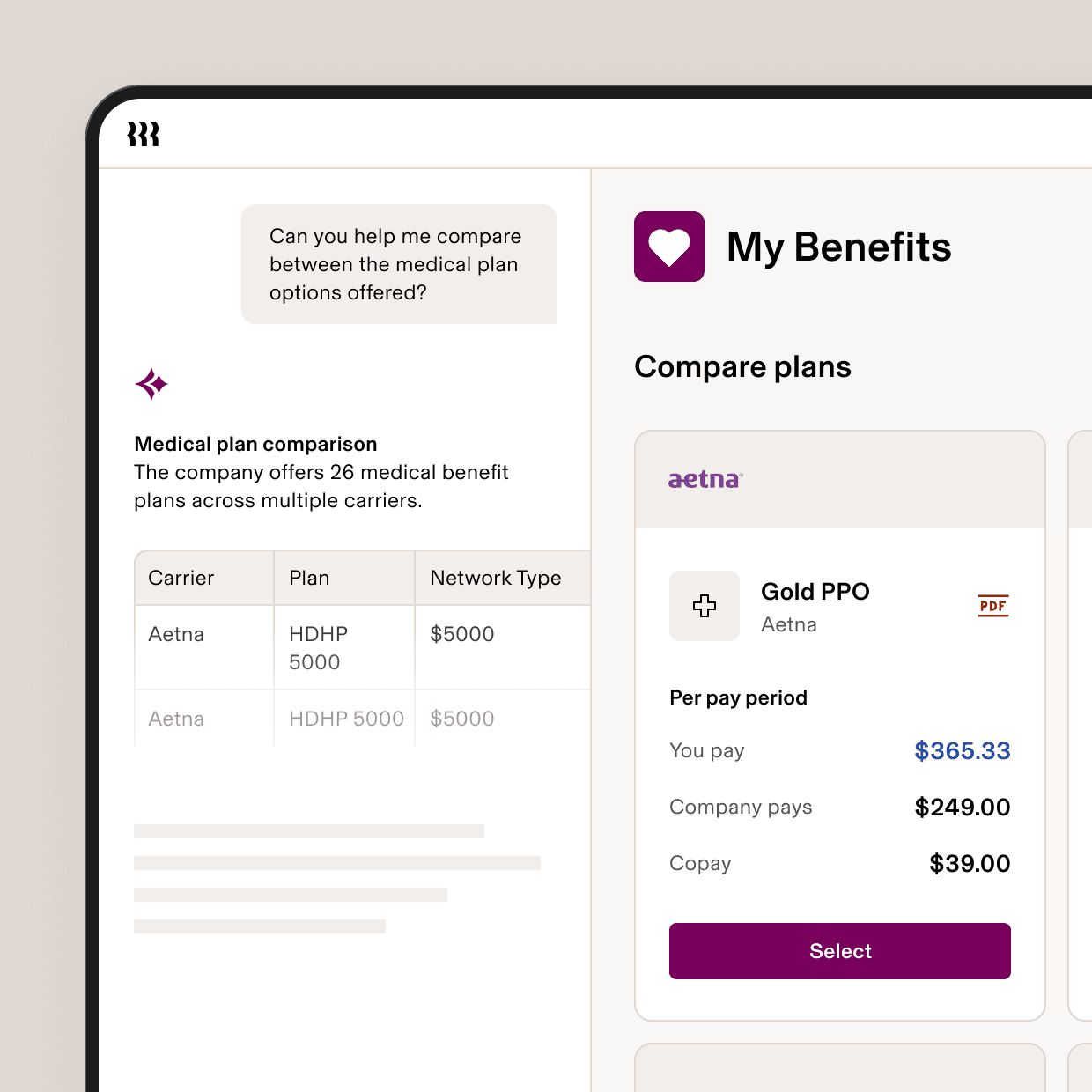 A tablet screen showing a My Benefits app with an AI chat comparing medical plans and an Aetna Gold PPO plan details.