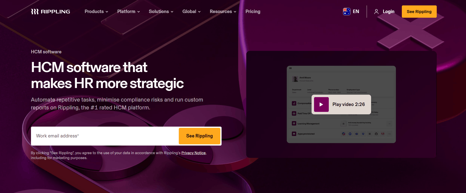 Purple Rippling HCM software webpage with a product video panel and email form.