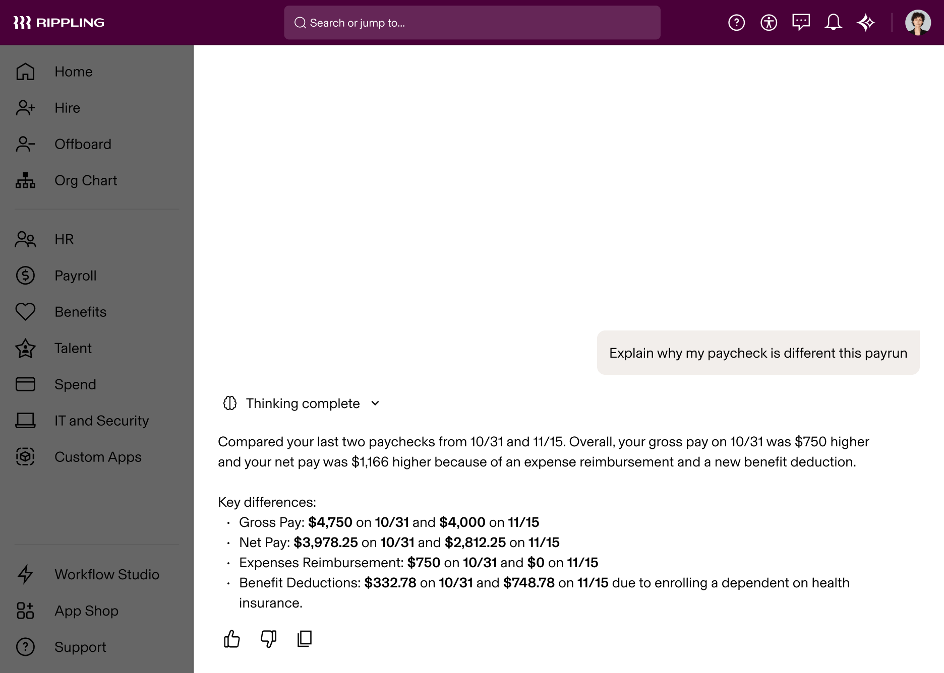 AI chat explaining differences in a paycheck.