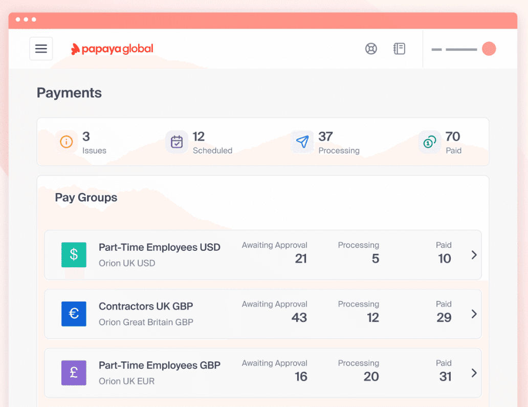 Payments dashboard with issue, scheduled, processing, and paid counts