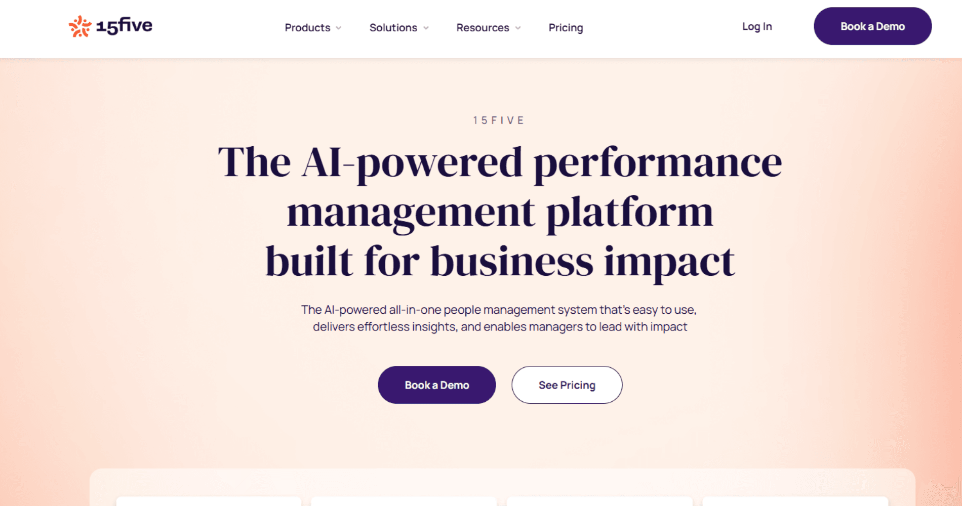 Peach page reading “AI-powered performance management platform built for business impact.”