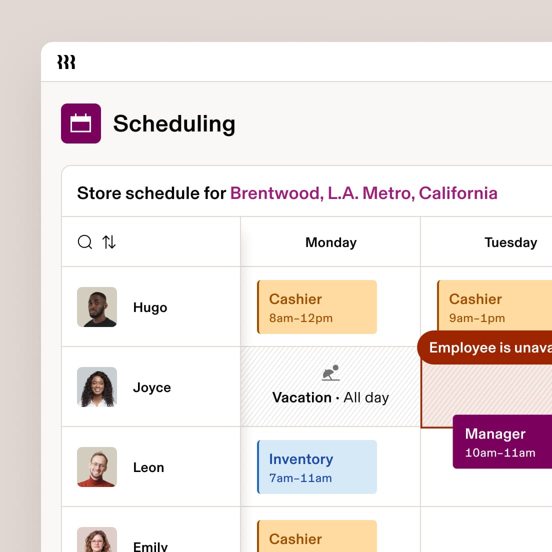 Store scheduling interface showing employee shifts for Brentwood, L.A. Metro location with Monday and Tuesday schedules visible.