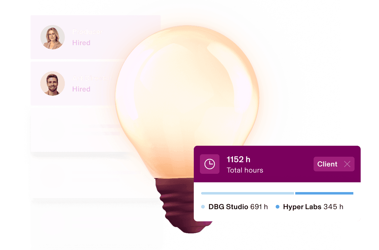 Glowing light bulb behind a client-hours card totaling 1,152 hours.
