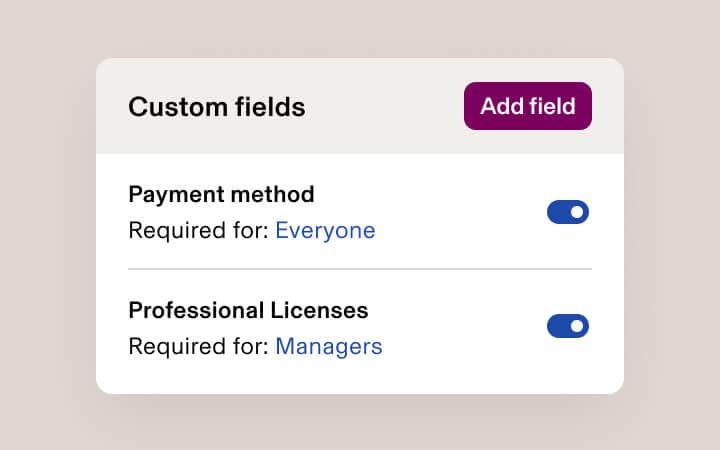 Custom fields cards for payment methods and professional licenses.