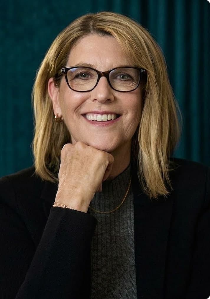 A smiling woman with blonde hair and glasses, wearing a black blazer, rests her chin on her hand against a teal background.
