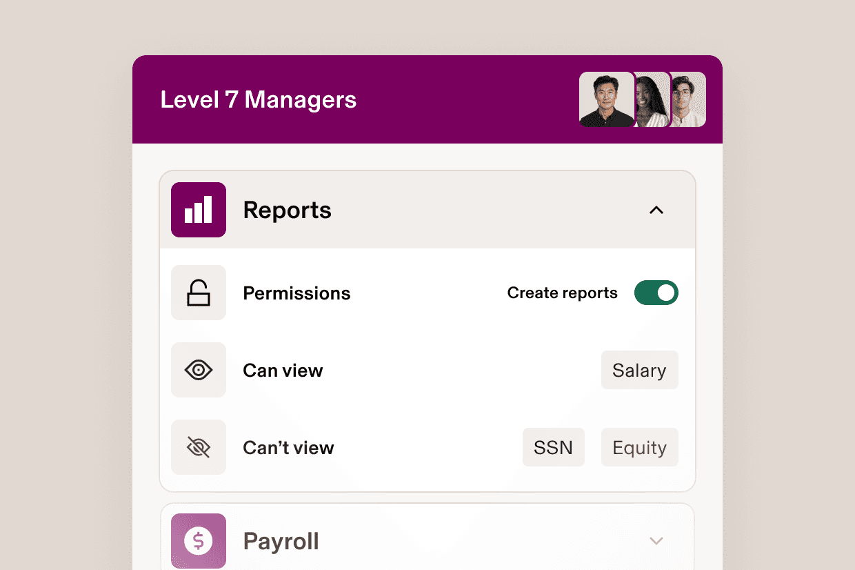 Level 7 Managers dashboard showing permissions settings with viewable salary data and restricted SSN (Social Security Number) and equity information.