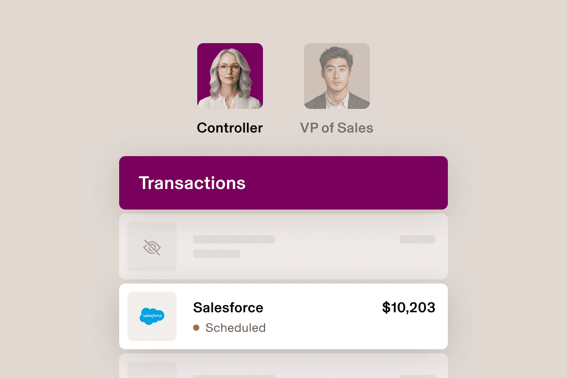 Business interface showing Controller and VP of Sales profiles above a transactions panel with a scheduled Salesforce payment of $10,203.