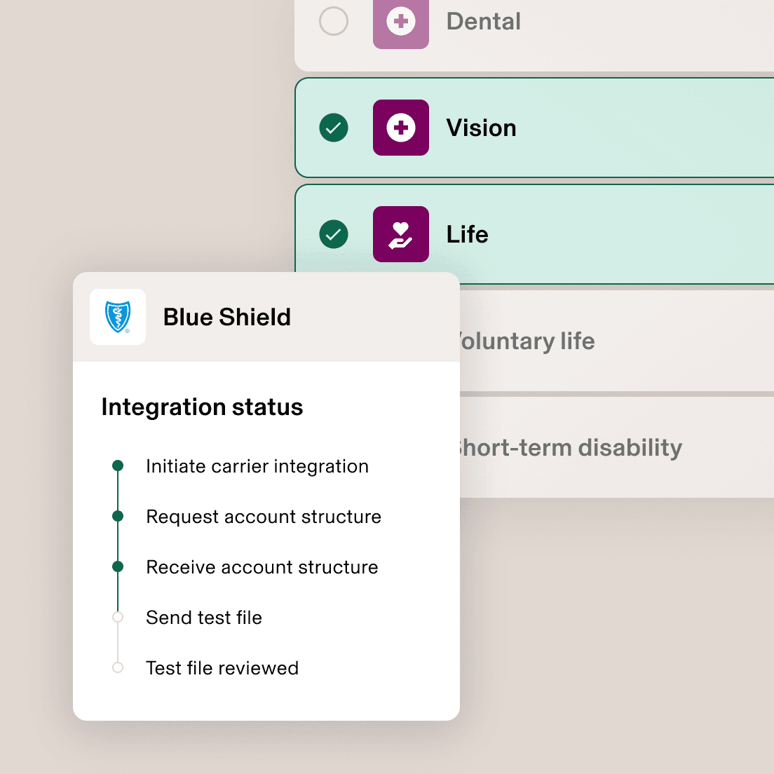 Insurance interface showing Blue Shield integration status with dental, vision and life options selected and integration steps.