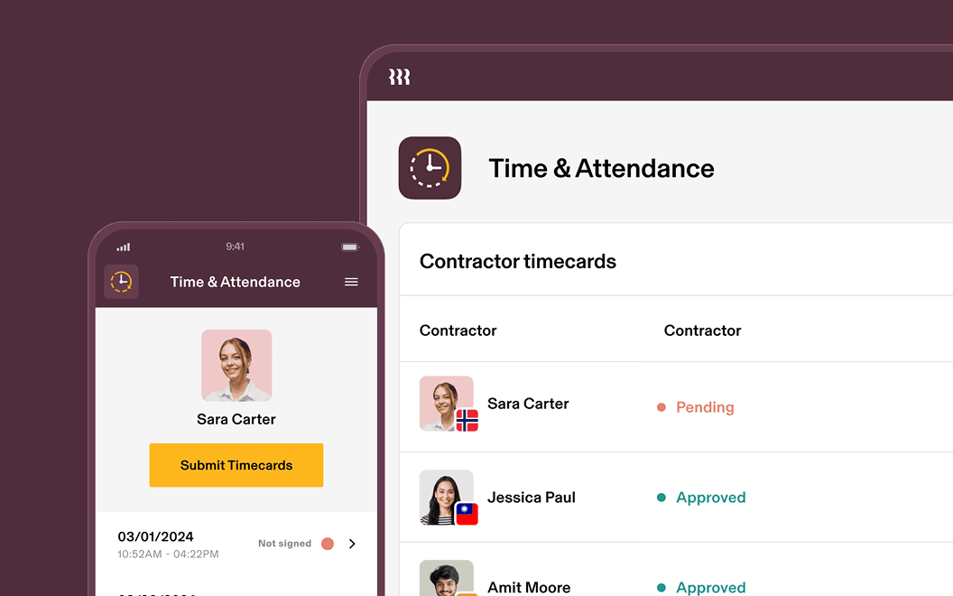 A tablet and smartphone displaying a screen in Rippling titled Time & Attendance with a list of contractors and their timecards