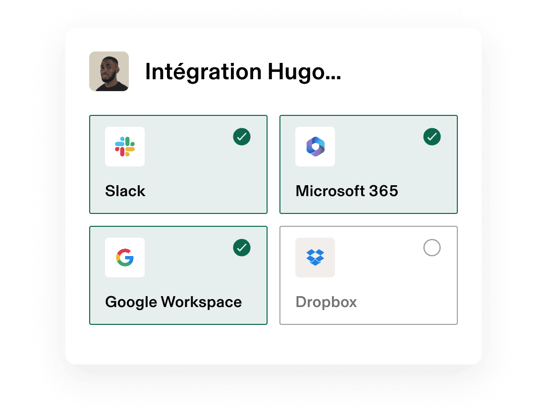 Onboarding app selection cards with Slack, Microsoft 365, and Google Workspace selected.