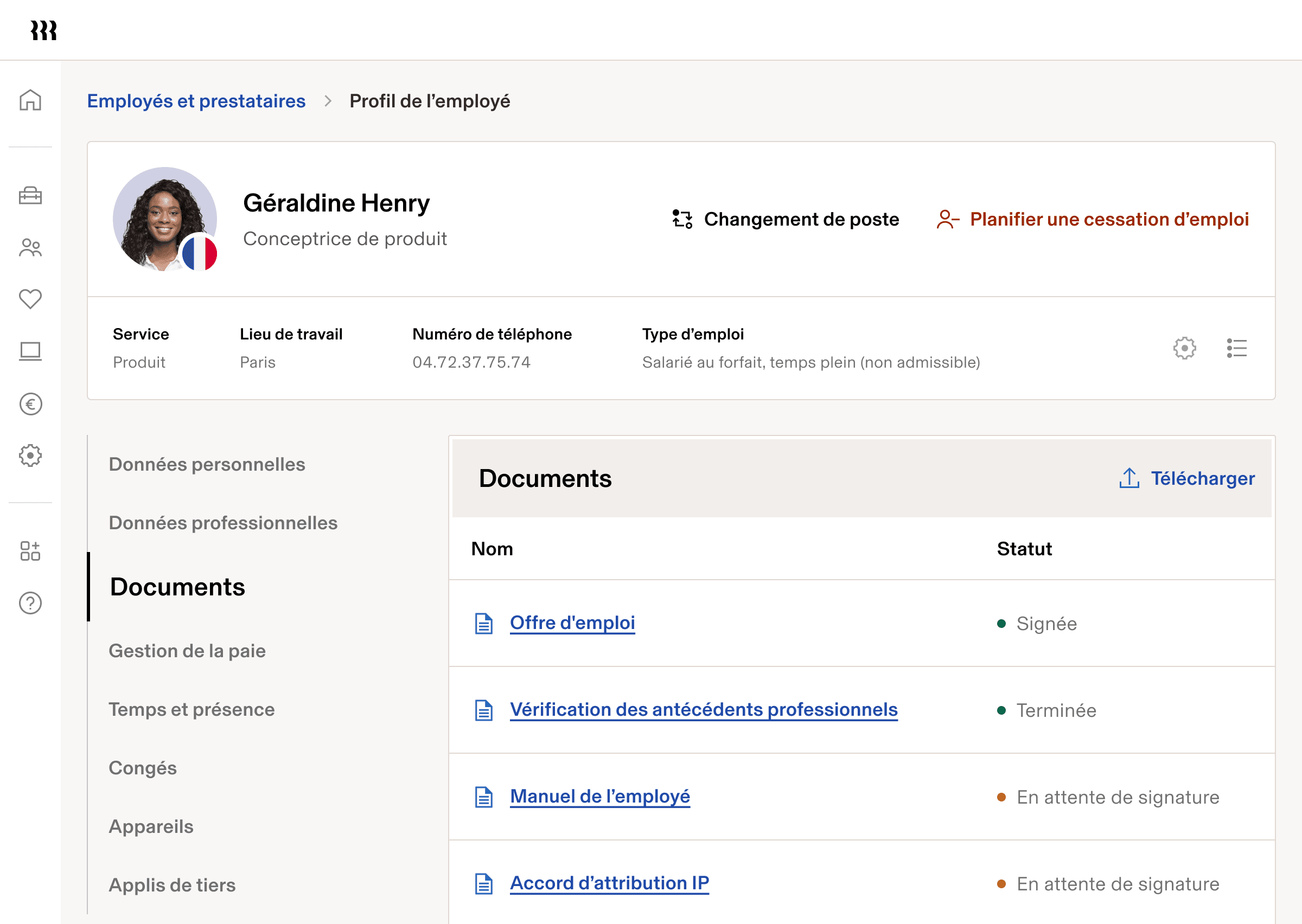Employee profile documents page with completed and pending signature statuses.