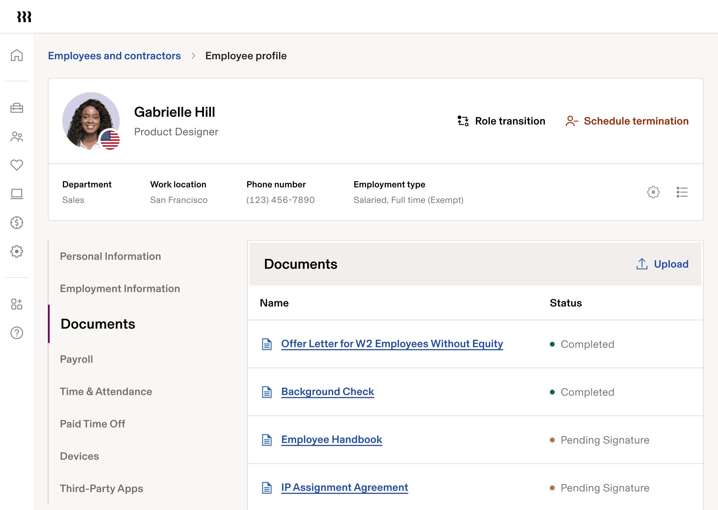 Employee profile documents page with completed and pending signature statuses.