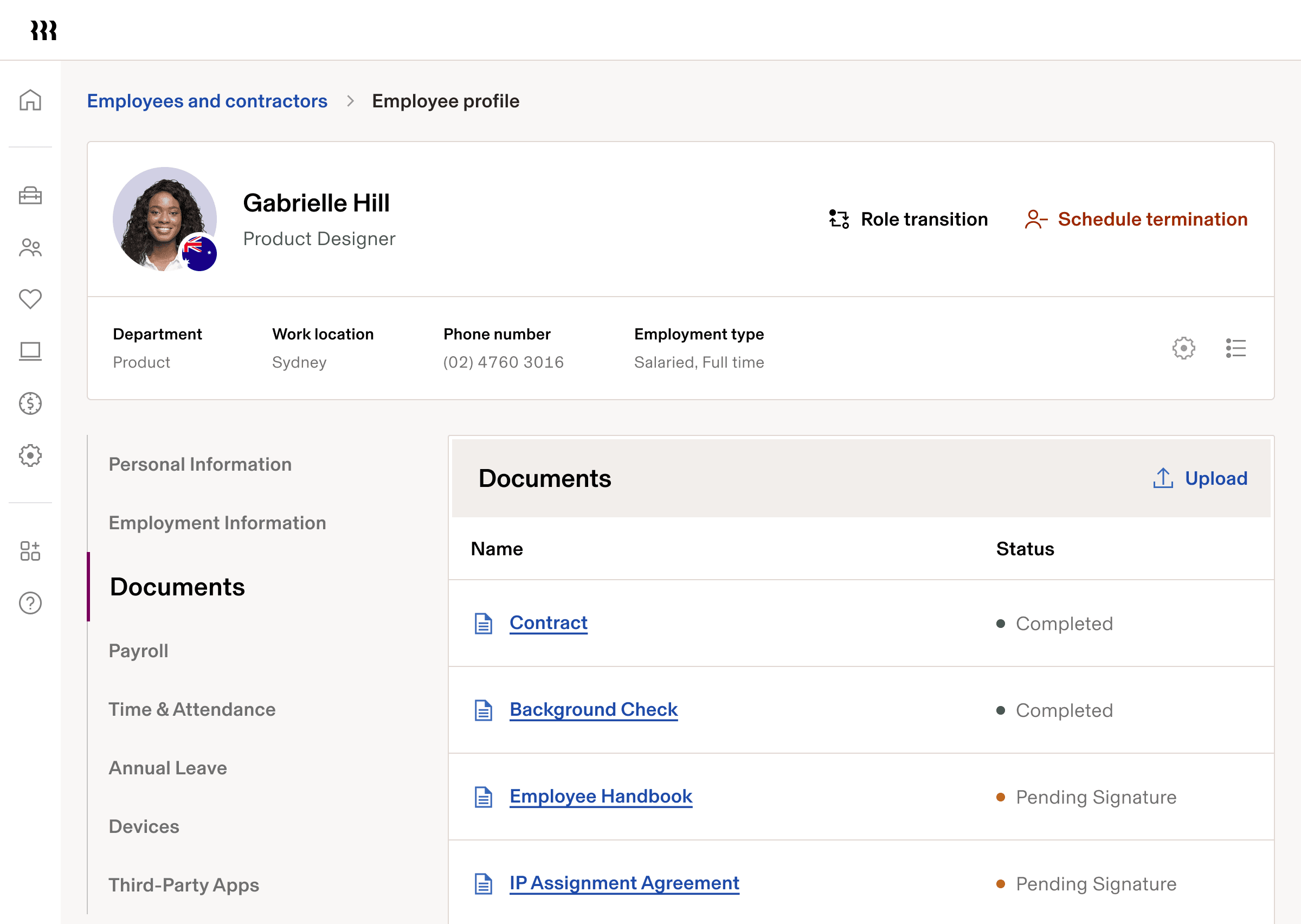 Employee profile documents page with completed and pending signature statuses.