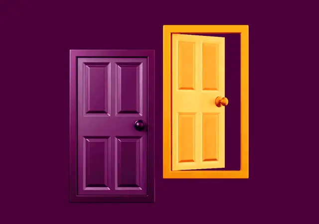 Closed purple door beside an open yellow door