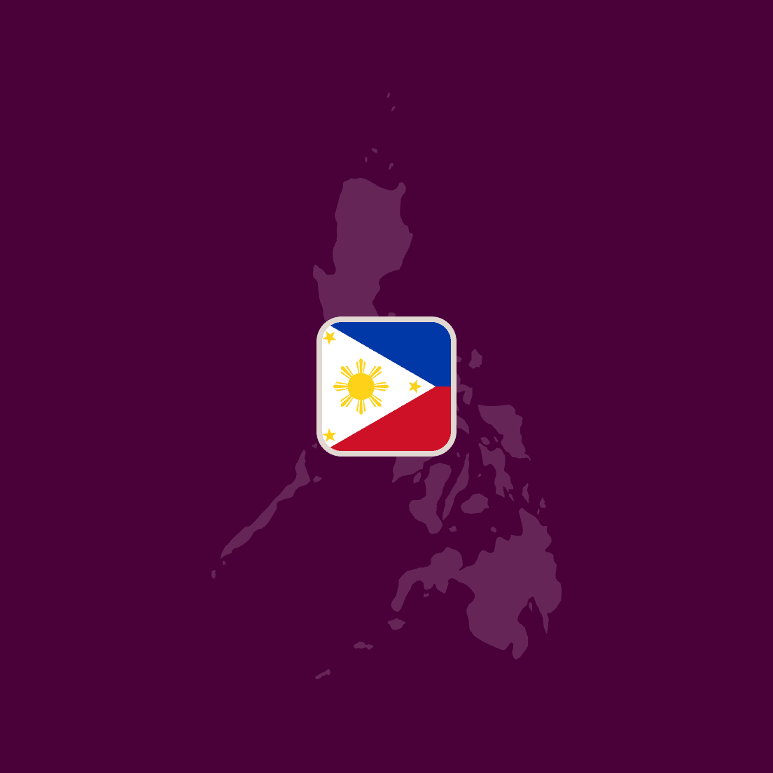 Silhouette map of Philippines with its flag centered on a dark purple background.