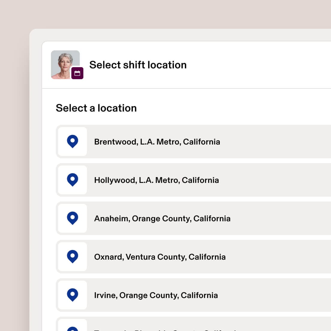 Shift location selector listing California locations with map pin icons.