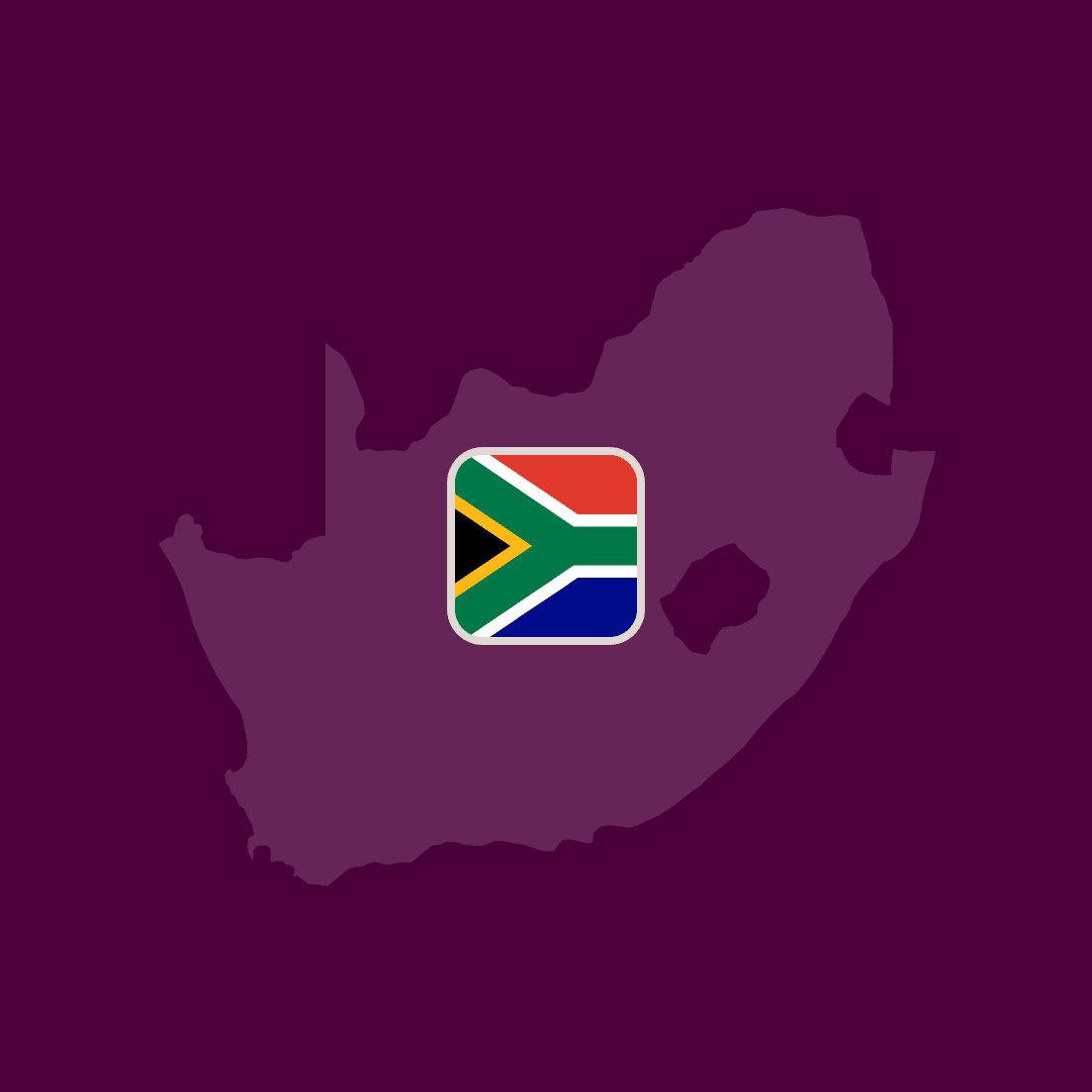 Silhouette map of South Africa with its flag centered on a dark purple background.
